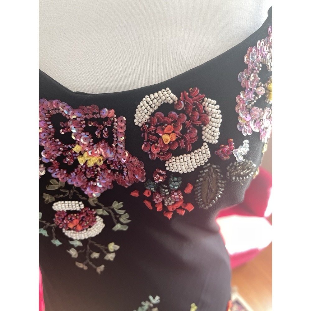 Vintage Y2K 100% Silk beaded Black Floral Evening Gown Midi -Sue Wong- 12 - Picture 5 of 16
